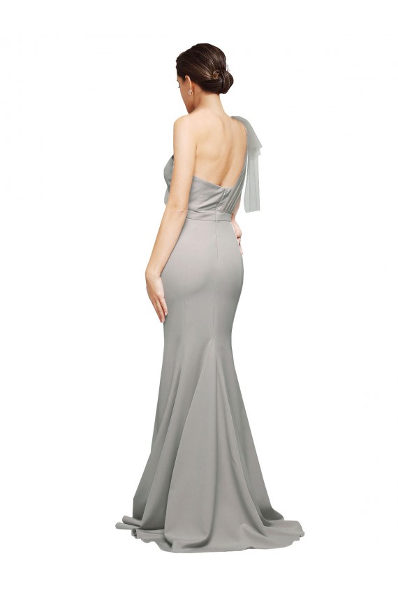 Cheapest Long Sweep Train Sweetheart Crepe Prom Dress with Tulle One Shoulder