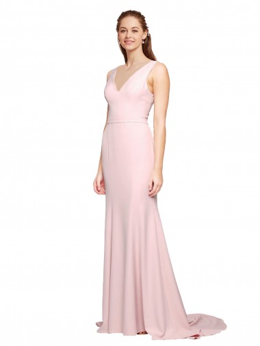 Cheapest Deep V-Neckline and Back Long Sweep Train Crepe Prom Dress with Shoulder Straps