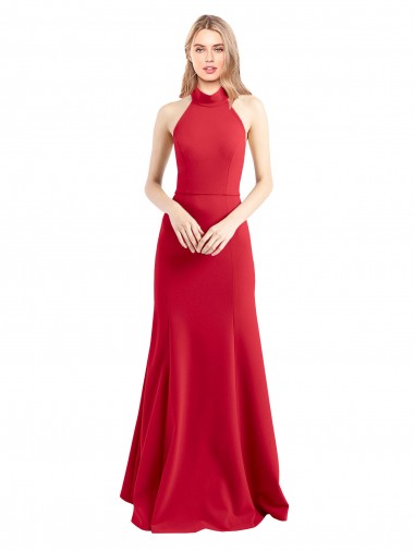 Cheapest Sleek Fit and Flare High Neck Halter Stretch Crepe Prom Dress with Open Back