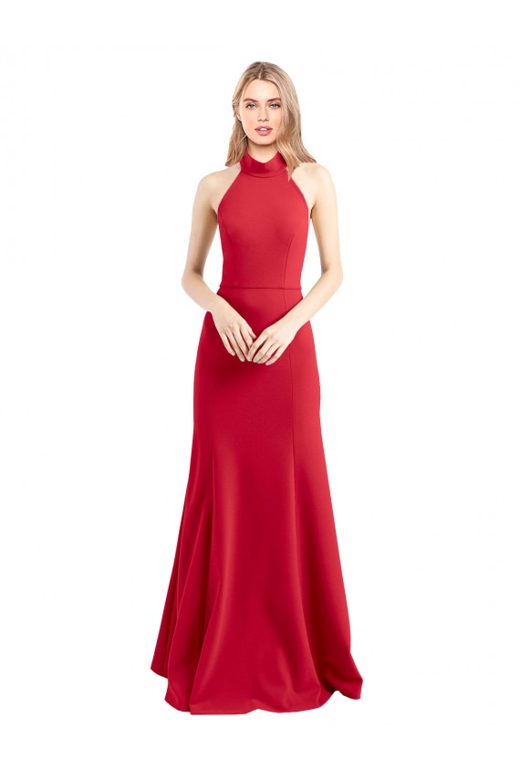 Cheapest Sleek Fit and Flare High Neck Halter Stretch Crepe Prom Dress with Open Back