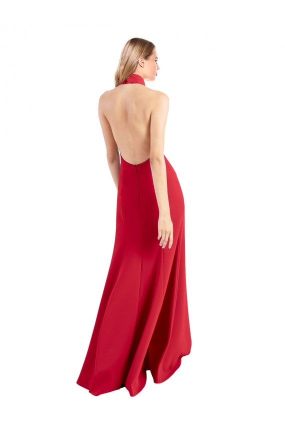 Cheapest Sleek Fit and Flare High Neck Halter Stretch Crepe Prom Dress with Open Back