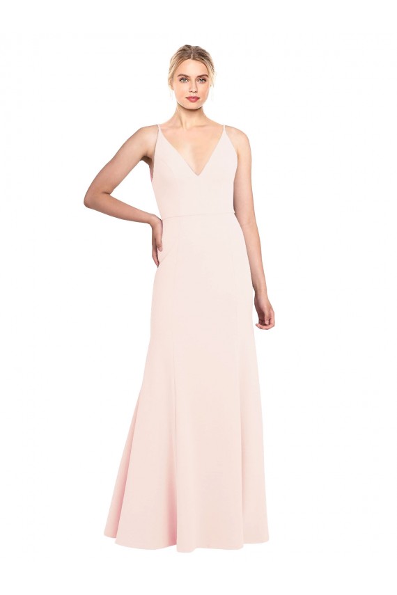 Cheapest Slim A-Line V-Neck Long Stretch Crepe Prom Dress with V-Back