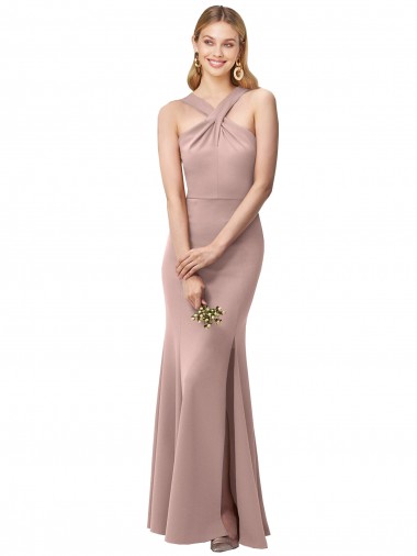 Cheapest Long Floor Length High Neck Fit and Flare Stretch Crepe Prom Dress with Side Slit