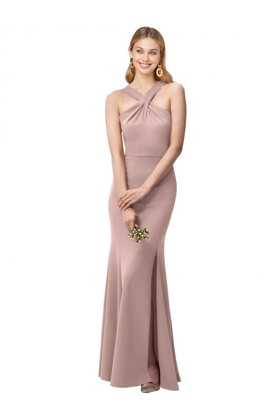 Cheapest Long Floor Length High Neck Fit and Flare Stretch Crepe Prom Dress with Side Slit