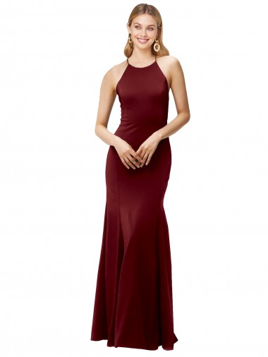 Cheapest Fit and Flare Halter Neckline Stretch Crepe Prom Dress with Strappy Back