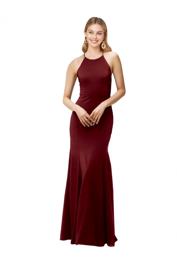 Cheapest Fit and Flare Halter Neckline Stretch Crepe Prom Dress with Strappy Back