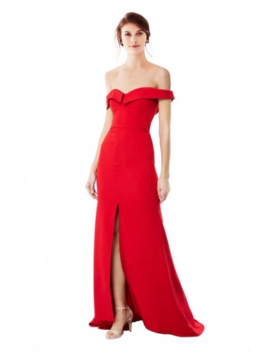 Cheapest Off the Shoulder Chapel Train Crepe Prom Dress with Thigh-High slit