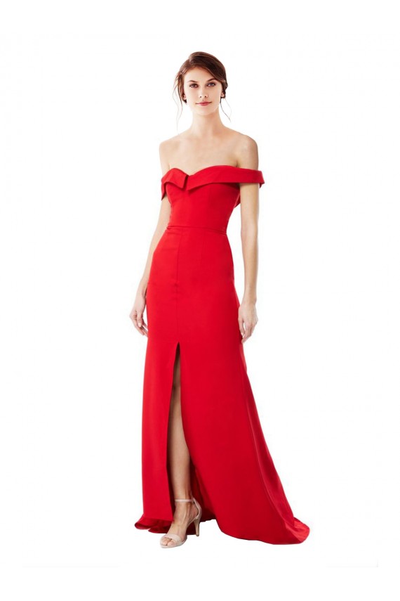Cheapest Off the Shoulder Chapel Train Crepe Prom Dress with Thigh-High slit
