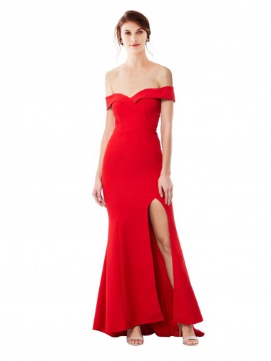 Cheapest Off the Shoulder Sweetheart Maxi Crepe Prom Dress With Thigh Split and Train