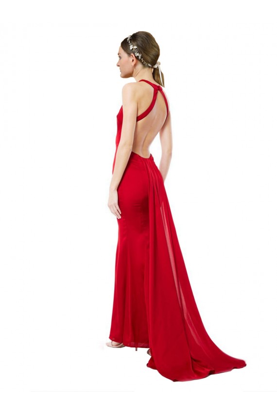 Cheapest High Neck Mermaid Open Back Crepe Maxi Prom Dress with Train Detail