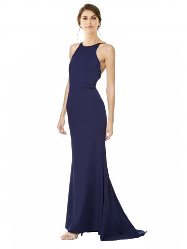 Cheapest Fishtail High Neck Maxi Crepe Bridesmiad Dress with Strappy Back Detail
