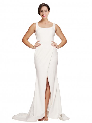 Cheapest Square Neck Long Sheath Sweep Train Crepe Prom Dress 