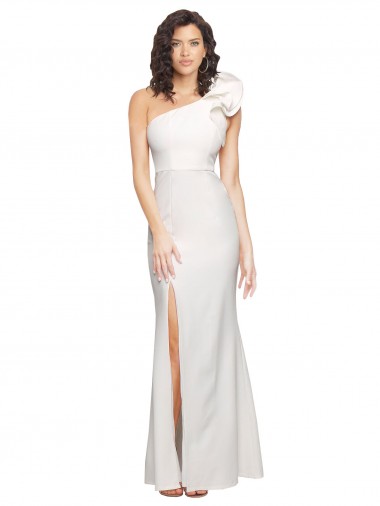 Cheapest One Shoulder Long Full Length Crepe Prom Dress with Ruffles and Side Split