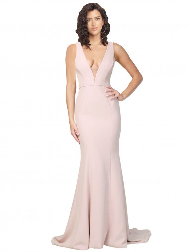 Cheapest Deep Plunging V-Neckline Full Length Crepe Prom Dress with Deep V-Backline