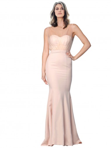 Cheapest Full Length Sweetheart Crepe Prom Dress with Tulle Overlay