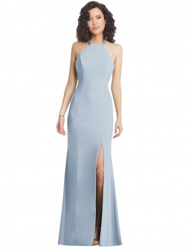 Cheapest High Neck Halter Crepe Prom Dress with Twist Criss Cross Back