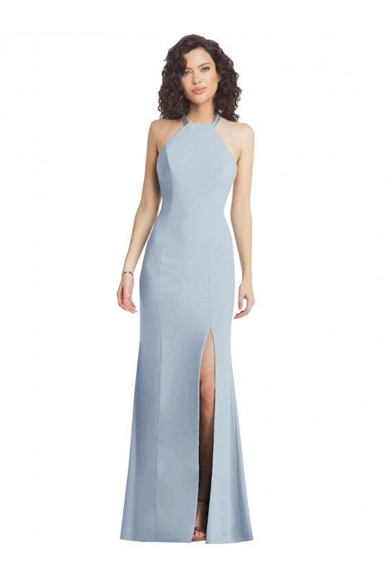 Cheapest High Neck Halter Crepe Prom Dress with Twist Criss Cross Back