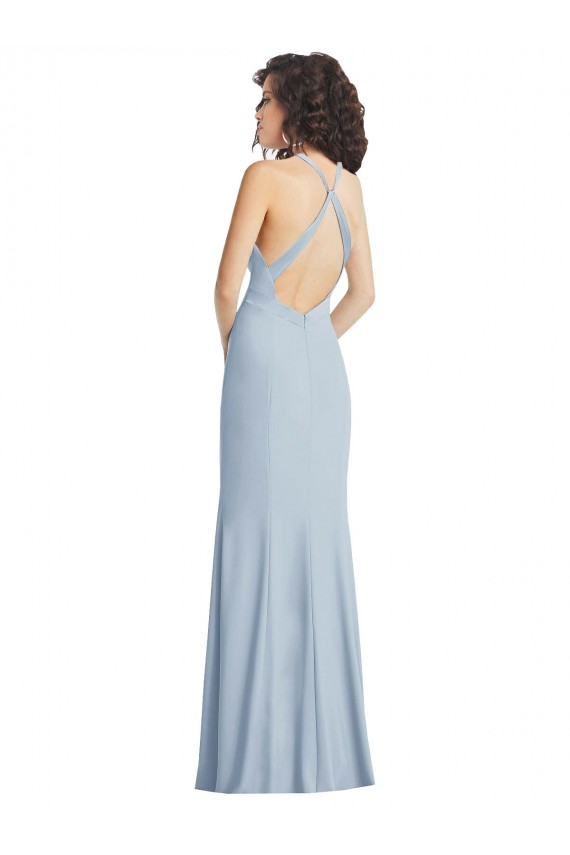 Cheapest High Neck Halter Crepe Prom Dress with Twist Criss Cross Back
