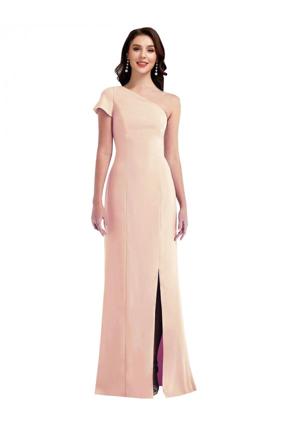 Cheapest One Shoulder Cap Sleeves Trumpet Crepe Prom Dress with Front Slit