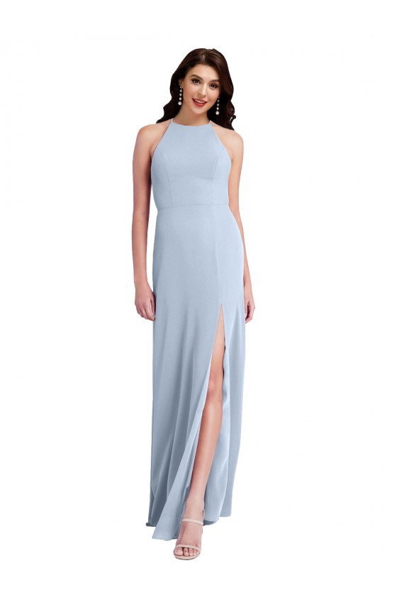 Cheapest Fit and Flare High Neck Crepe Prom Dress with Side Slit