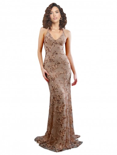 Cheapest Floral Patterned Backless V-Neckline Sequin Prom Dress