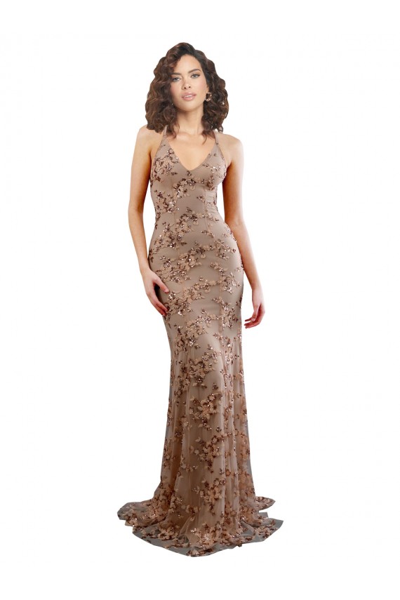 Cheapest Floral Patterned Backless V-Neckline Sequin Prom Dress