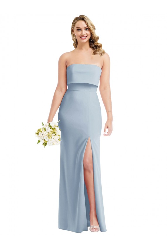 Cheapest Strapless Overlay Bodice Crepe Maxi Prom Dress with Front Slit