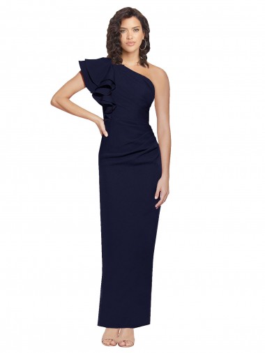 Cheapest Ruched Floor Length Long Crepe Prom Dress with Shoulder Ruffles
