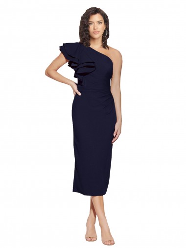 Cheapest Ruched Midi Length Short Crepe Cocktail Prom Dress / Homecoming Dress with Shoulder Ruffles
