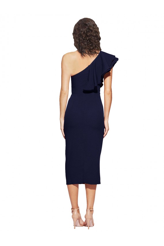 Cheapest Ruched Midi Length Short Crepe Cocktail Prom Dress / Homecoming Dress with Shoulder Ruffles