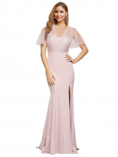 Cheapest Crepe Long Sweetheart Neckline Prom Dress with Tulle Overlay Shoulders