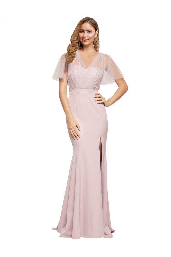 Cheapest Crepe Long Sweetheart Neckline Prom Dress with Tulle Overlay Shoulders