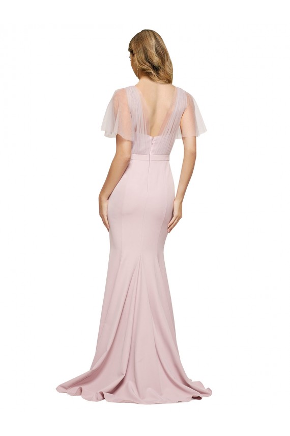 Cheapest Crepe Long Sweetheart Neckline Prom Dress with Tulle Overlay Shoulders