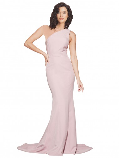 Cheapest Long Sweep Train One Shoulder Crepe Prom Dress with Side Leg Split