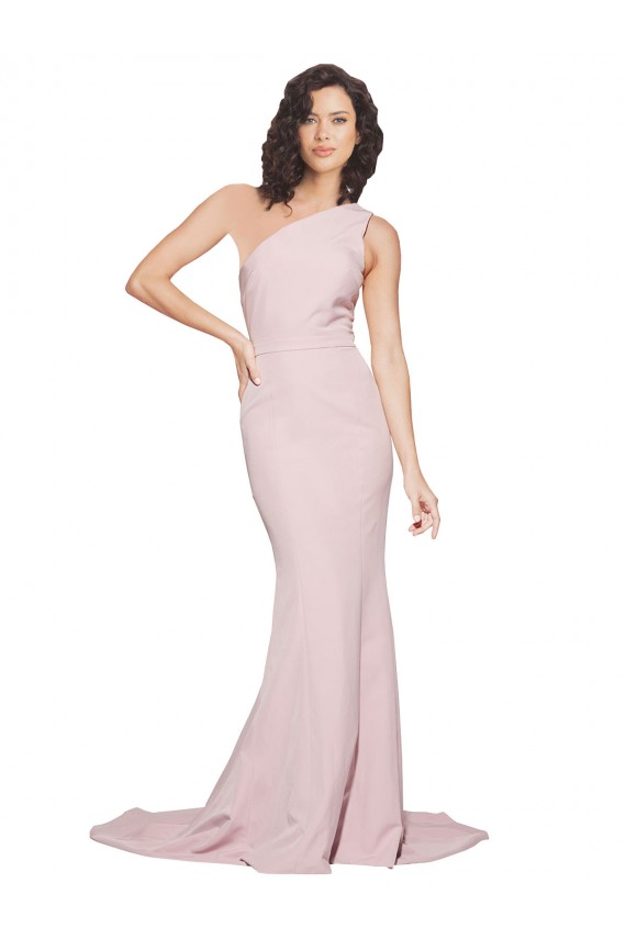 Cheapest Long Sweep Train One Shoulder Crepe Prom Dress with Side Leg Split