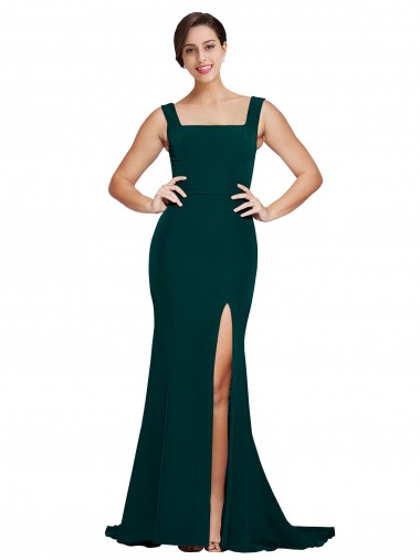 Cheapest Fitted Square Neck Long Crepe Prom Dress with Train and Side Split
