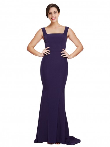 Cheapest Square Neck Long Sweep Train Crepe Prom Dress with Thick Straps