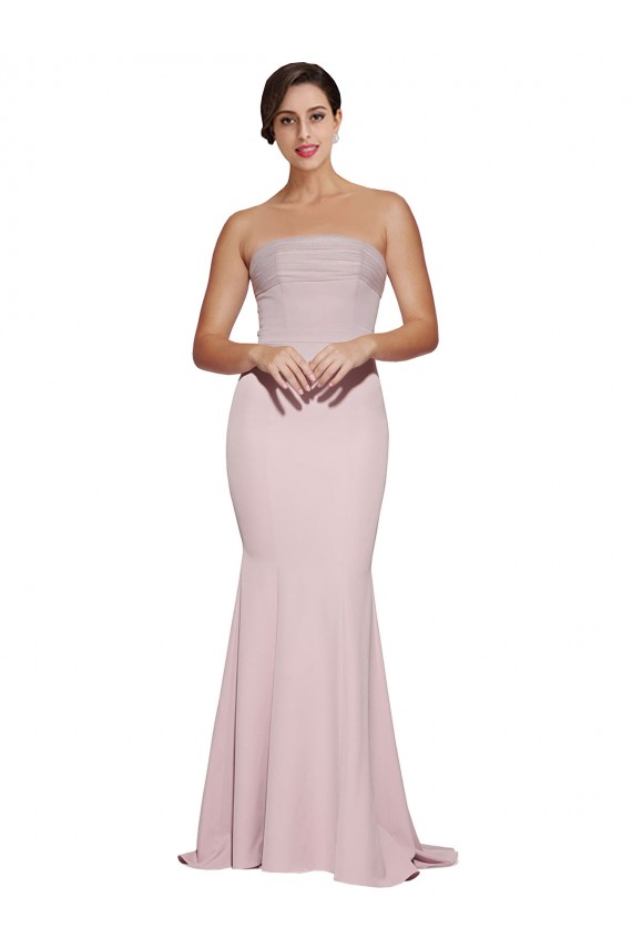 Cheapest Straight Neck Long Strapless Crepe Prom Dress with Soft Tulle Overlay and Small Train