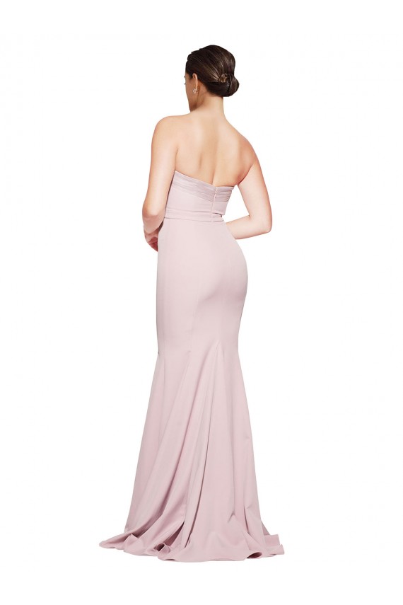 Cheapest Straight Neck Long Strapless Crepe Prom Dress with Soft Tulle Overlay and Small Train