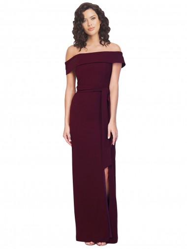 Cheapest Fitted Full Length Off the Shoulder Crepe Prom Dress with Side Split and Waist Tie