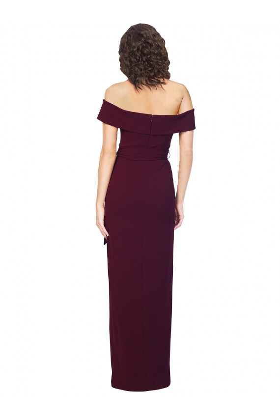 Cheapest Fitted Full Length Off the Shoulder Crepe Prom Dress with Side Split and Waist Tie