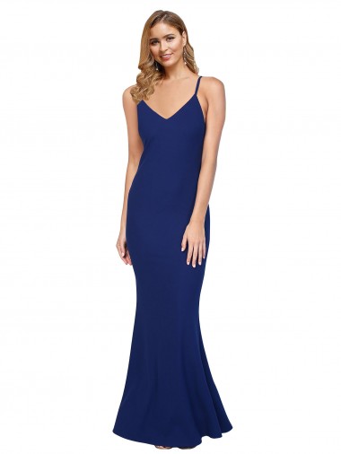 Cheapest Full Length V-Neckline Crepe Prom Dress with Thin Straps and Fulted Skirt