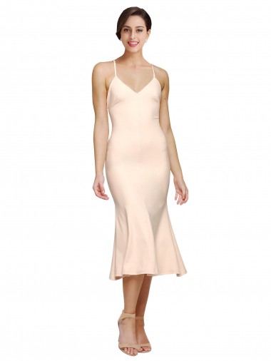 Cheapest Midi Length V-Neckline Crepe Cocktail Prom Dress / Homecoming Dress with Thin Straps and Fulted Skirt