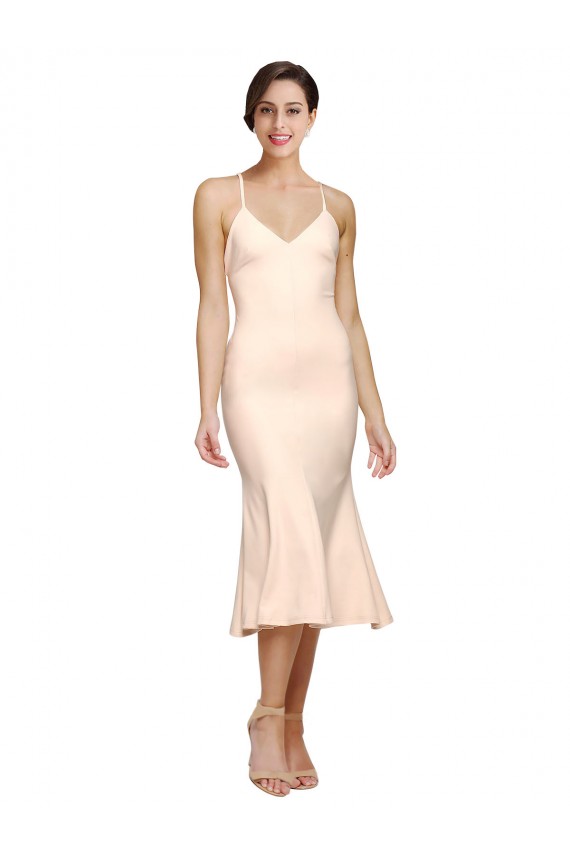 Cheapest Midi Length V-Neckline Crepe Cocktail Prom Dress / Homecoming Dress with Thin Straps and Fulted Skirt