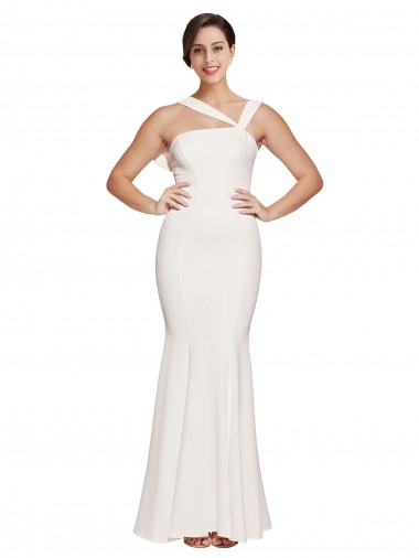 Cheapest Full Length Square Neck Crepe Prom Dress with Asymmetrical Straps and Bow Back