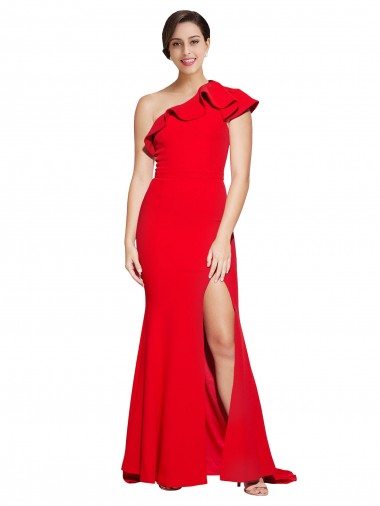 Cheapest One Shoulder Long Sweep Train Crepe Prom Dress with Thigh High Split