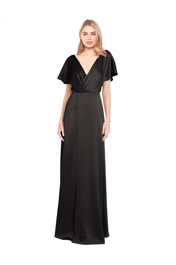 Cheapest Cap Sleeves Open Back Long Stretch Satin Prom Dress