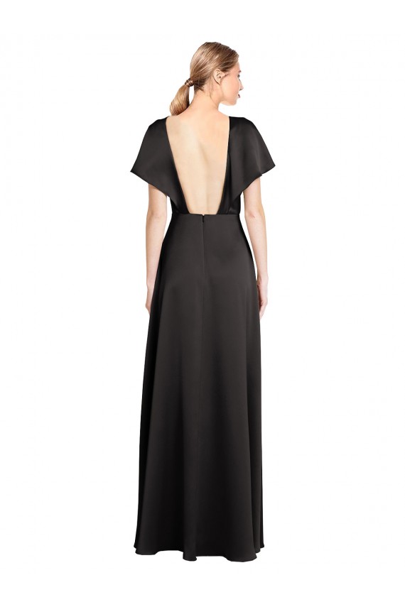 Cheapest Cap Sleeves Open Back Long Stretch Satin Prom Dress