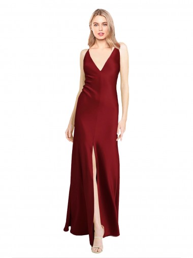 Cheapest Floor Length Deep V-Back Stretch Satin Prom Dress with Front Slit