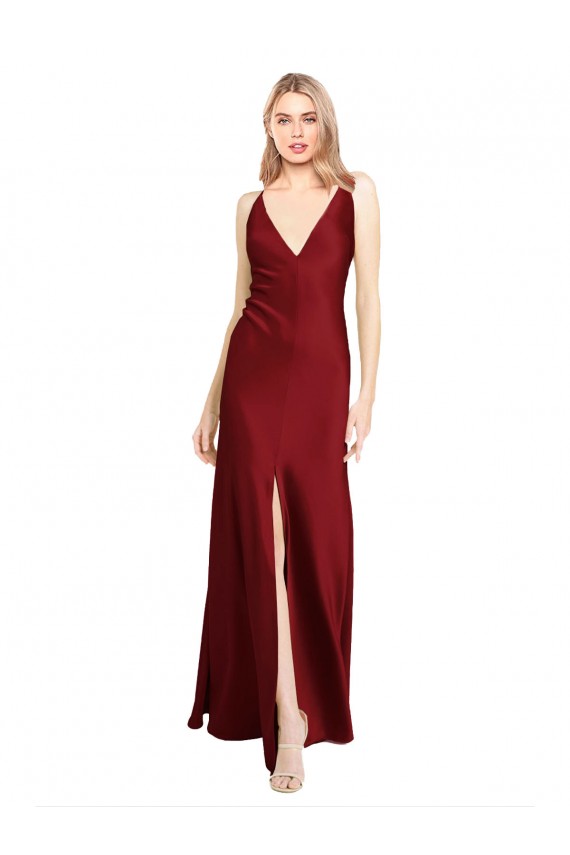 Cheapest Floor Length Deep V-Back Stretch Satin Prom Dress with Front Slit